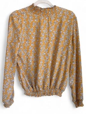 Smocked Neck Floral Blouse in Mustard